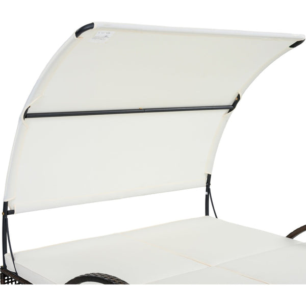 English Elm U_style Outdoor Double Sun Lounger Hdpe Wicker Steel Frame with Canopy Pop up Tables Beige WY000485AAA