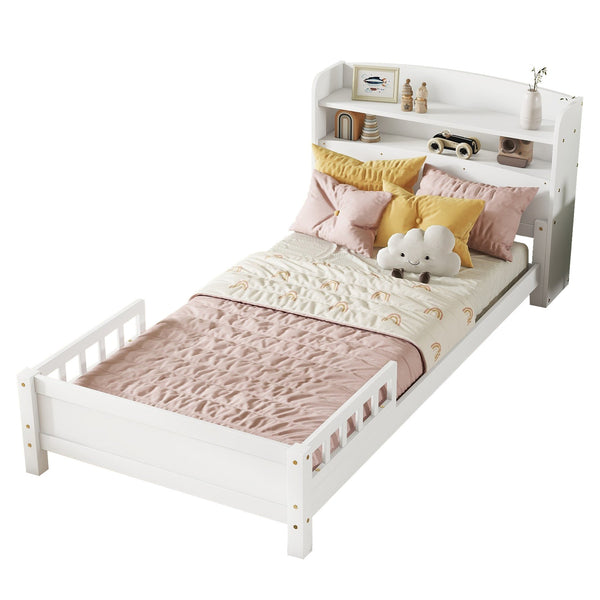 English Elm Twin Pine Wood Bed with Bookcase Headboard LED Motion Sensor Light Guardrails Ample Storage Space White W504P277596