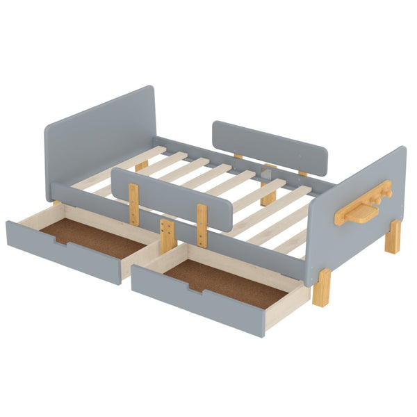 English Elm Twin Low Profile Kids Floor Bed Pine Wood Frame with Safety Rail and Built in Bookshelf Gray W1580P373243