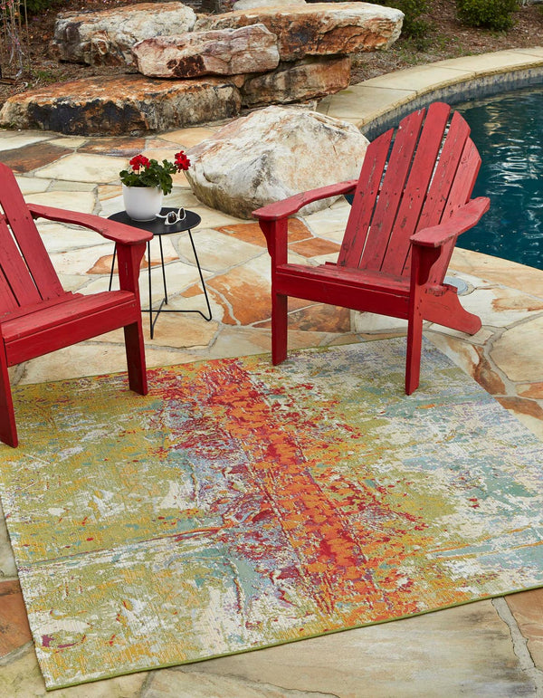 Unique Loom Outdoor Modern Crumpled Machine Made Abstract Rug Multi, Gold/Green/Navy Blue/Orange/Red/Beige/Blue/Brown/Cream 5' 4" x 6' 1"