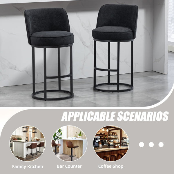 English Elm Counter Height Barstools Set of 2 Linen Upholstered Barrel Seat with Iron Legs Black W395P410438