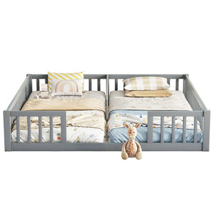 English Elm Double Twin Floor Bed With Safety Guardrails – Modern Grey, Compact Design For Shared Spaces! W504P143285