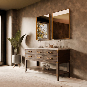 English Elm Brown Oak Double Bath Vanity With Carrara Marble Top & 2 Elegant Mirrors - Stylish Storage Solution B2731S01631
