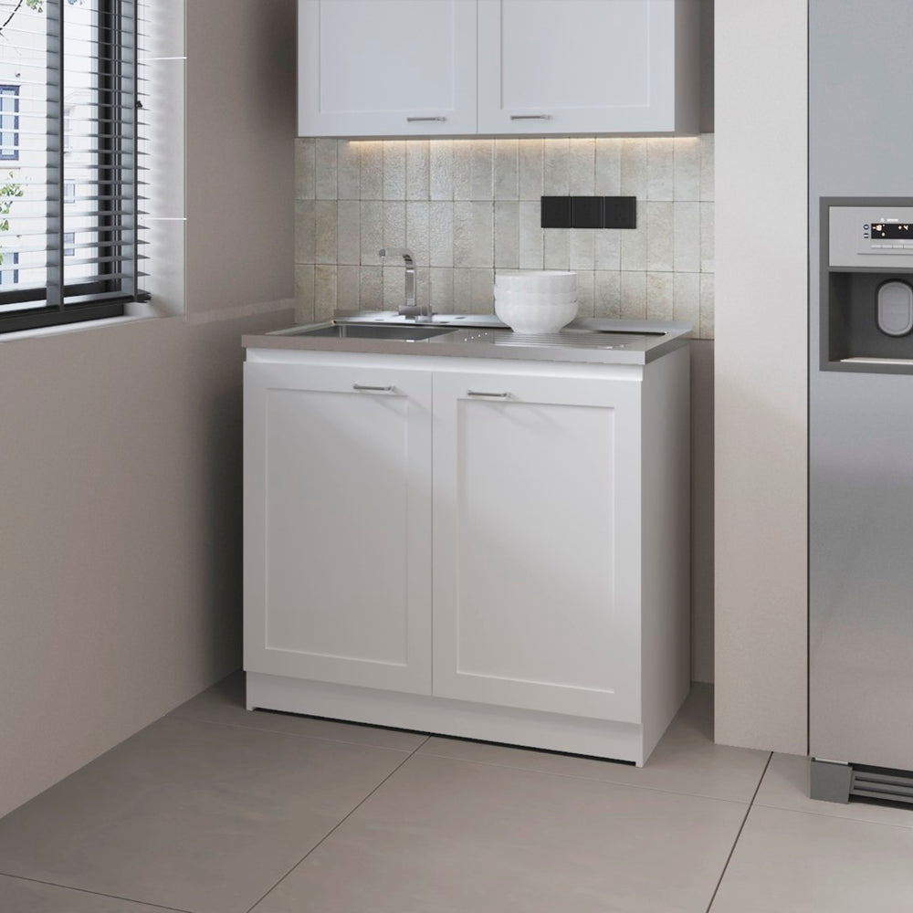 English Elm Fm Furniture Haivana White Melamine Utility Sink Cabinet with Organized Storage Shelf B128S00054