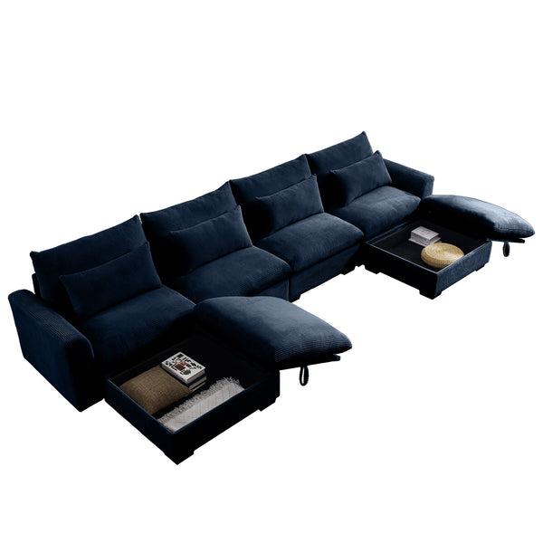 English Elm Big Deep Seat U-Shaped Corduroy Sectional Sofa with Storage Ottomans & Lumbar Pillows, Cozy Modular Design Blue W714S00654