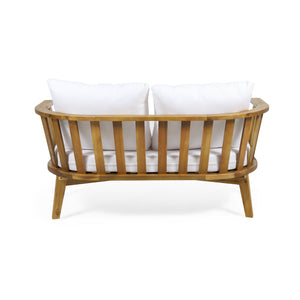 English Elm Christopher Knight Home® - 2 Person Acacia Wood Patio Seating Set with Curved Back Loveseat, Teak Finish, White Cushions, Coffee Table 70334.00WHI_70336.00