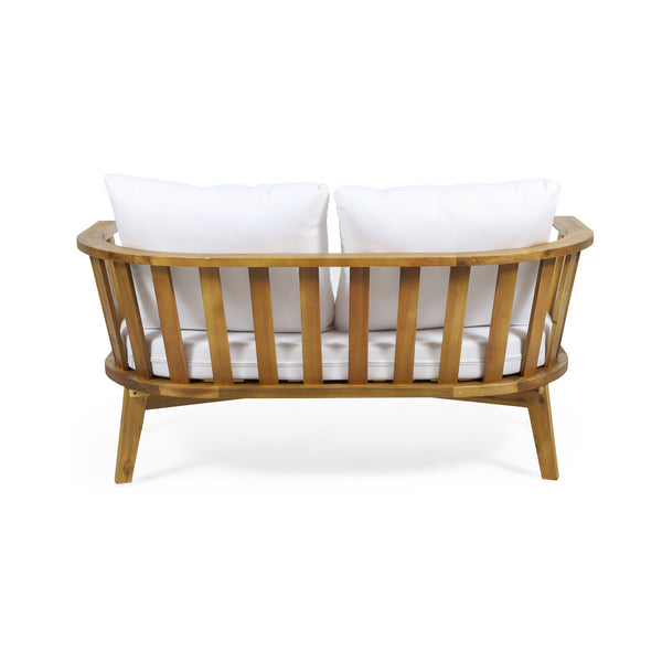 English Elm Christopher Knight Home® - 2 Person Acacia Wood Patio Seating Set with Curved Back Loveseat, Teak Finish, White Cushions, Coffee Table 70334.00WHI_70336.00