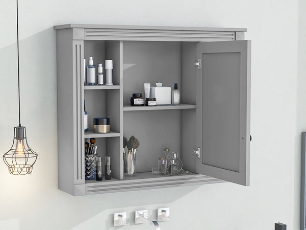 English Elm 35'' Modern Medicine Cabinet with Mirror and Towel Rod, MDF Wall-Mounted Bathroom Storage with Adjustable Shelves and Soft-Close Hinges Grey WF305081AAE