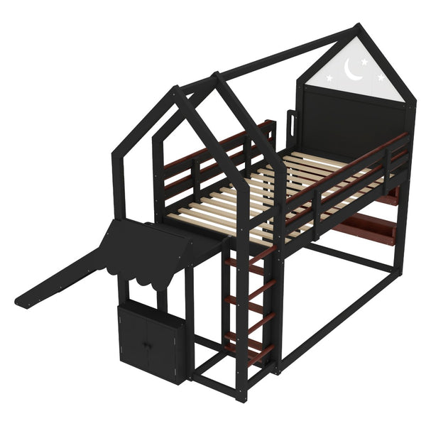 English Elm Full Size Pine Loft Bed House Frame with Slide Bookshelves and Moon Star Rails W1580S00311