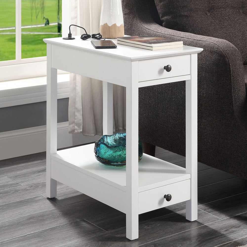 English Elm White Storage Accent Table with USB Charging Dock, 2 Drawers & Open Shelf, Sturdy Pine Legs, Compact Nightstand B062P189162