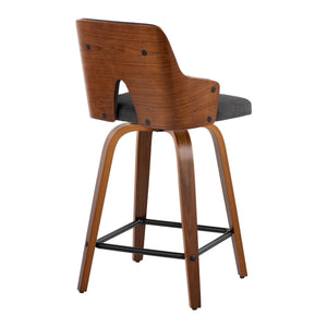 English Elm Stella 24" Mid-Century Counter Stools Set of 2 — Walnut Back, Charcoal Fabric, 360° Swivel, Black Footrest B202S00085