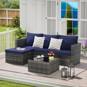 English Elm 2 Piece Outdoor Rattan Sectional Set with Ottoman and Glass Top Coffee Table Dark Blue W874P264741