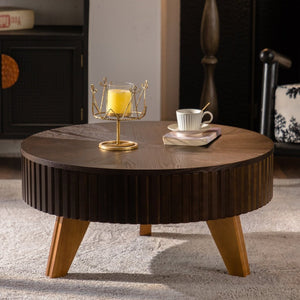 English Elm 31.5" Round Mid-century Coffee Table with Lower Shelf Solid Wood Legs and Mdf Top Brown W757P370297