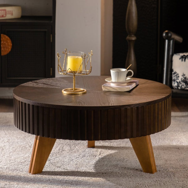 English Elm 31.5" Round Mid-century Coffee Table with Lower Shelf Solid Wood Legs and Mdf Top Brown W757P370297