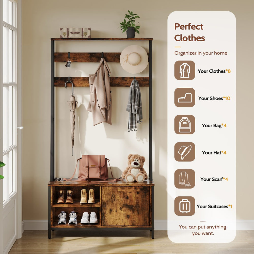 English Elm Hall Tree Entryway Organizer with Flip Shoe Cabinet Cushioned Bench and Industrial Wood Frame Brown+Black T5618P448215