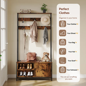 English Elm Hall Tree Entryway Organizer with Flip Shoe Cabinet Cushioned Bench and Industrial Wood Frame Brown+Black T5618P448215