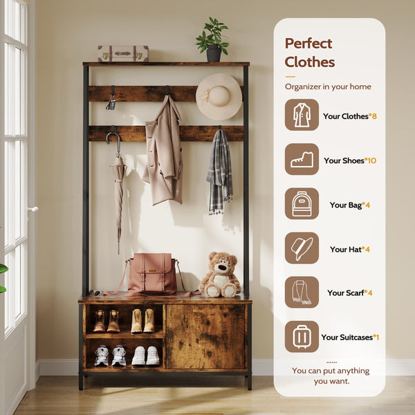 English Elm Hall Tree Entryway Organizer with Flip Shoe Cabinet Cushioned Bench and Industrial Wood Frame Brown+Black T5618P448215