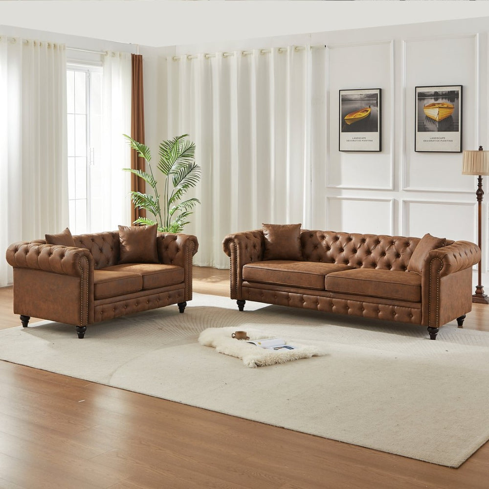 English Elm Fx Chesterfield Sofa Set Tufted Tech Fabric Upholstered Living Room Seating Combo Brown W1926S00112
