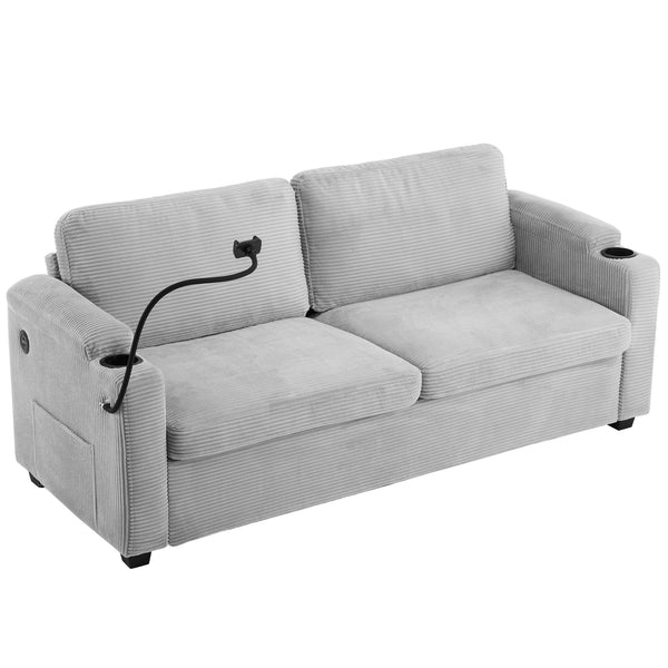 English Elm 72.8" Corduroy Sleeper Sofa Loveseat with Full Mattress, USB Charging, Cup Holders, Storage Pockets Grey N719P208880E
