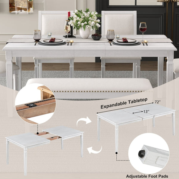 English Elm Trexm Rustic Farmhouse Extendable Dining Set Six Piece with Bench Distressed Wood Beige,White Washed ST000151AAE