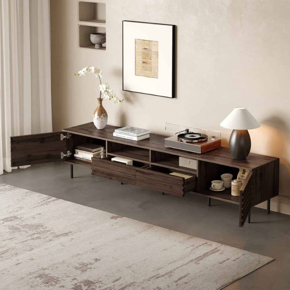 English Elm 78 Inch Walnut Media Console with Slatted Doors Iron Legs and Cable Management N710P373591Q
