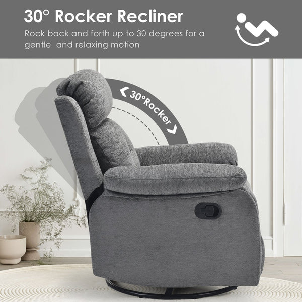 English Elm Small Rocker Swivel Recliner Chair with 360° Swivel, 30° Rocking & Adjustable Recline for Comfort Stone Gray T3623P379624
