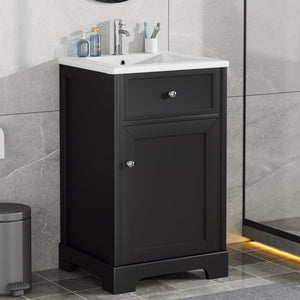 English Elm 20" Bathroom Vanity with Ceramic Sink, MDF Construction, Soft-Closing Door, Storage Rack & Shelf Black N725P218017B