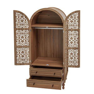 English Elm 70.28" Tall Walnut Pantry Cabinet Lattice Carved Doors Adjustable Shelves Two Drawers W688P303387