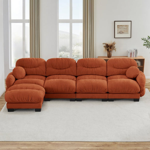 English Elm Pleated Chenille Sectional Sofa with Ottoman Ergonomic Foam Curved Armrests Living Room Orange W5656S00071