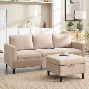 English Elm Small L-Shaped Sofa with Storage Ottoman and Side Pockets, Velvet 3-Seat Space-Saving Couch Beige W2705P255381