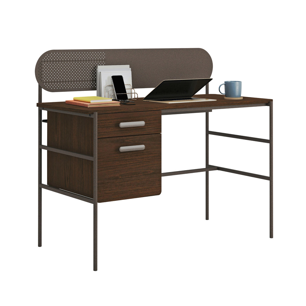 English Elm Desk, Compact Brown Workstation With Durable Metal Frame & Smooth Drawer For Small Spaces B356P367974