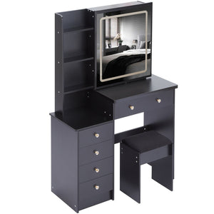 English Elm 37" Vanity Table Set with Led Mirror Stool Built-in Outlets and Hair Dryer Storage Black W3258P448844