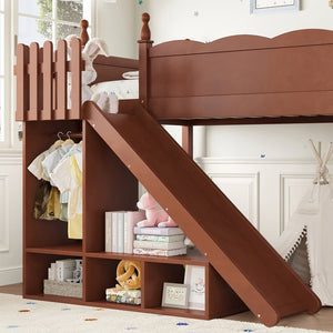 English Elm Twin Loft Bed Solid Pine Frame with Wardrobe Shelving Detachable Slide Kids Room Antique Natural W5305S00020