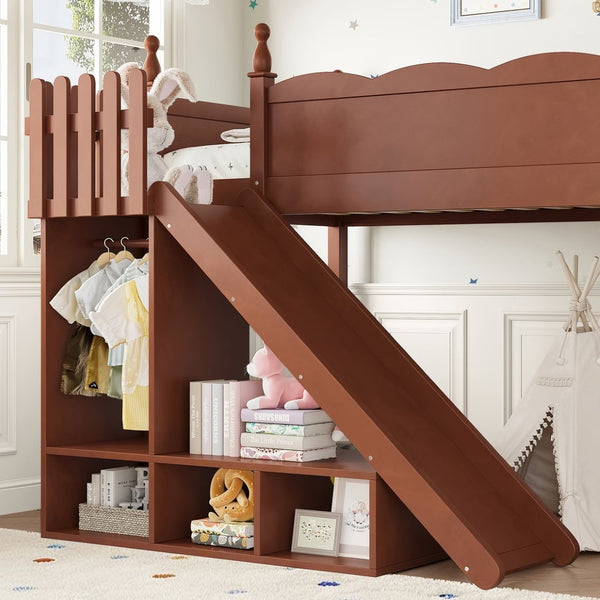 English Elm Twin Loft Bed Solid Pine Frame with Wardrobe Shelving Detachable Slide Kids Room Antique Natural W5305S00020