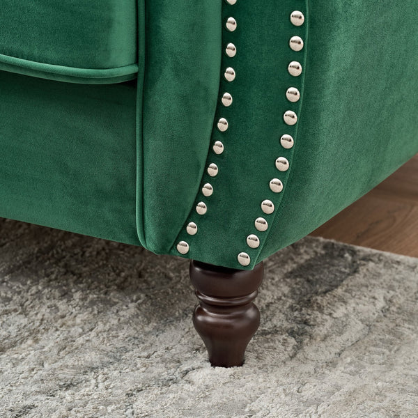 English Elm 87"Chesterfield Velvet Upholstery Sofa with Roll Armrests & Nailhead Trim, 3-Seater Luxurious Midcentury Design Green W3373S00047