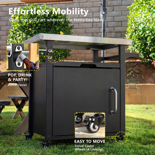 English Elm K&k Outdoor Rolling Grill Cart Stainless Steel Top Bbq Prep Station with Cover N707P379796B