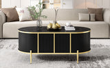 English Elm Modern Luxury Oval Shaped Fluted Coffee Table, Marble-Patterned Top Coffee Table With 2 Cabinets, Metal Legs and Handles For Living Room, Black (Date Of Expected Arrival: 11.20)