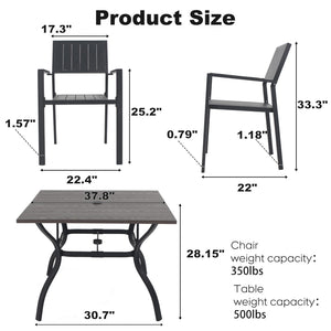 English Elm 5‑piece Outdoor Patio Dining Set Square Iron Table with Wood Grain Finish and Slat Chairs Black+Natural W3979S00048