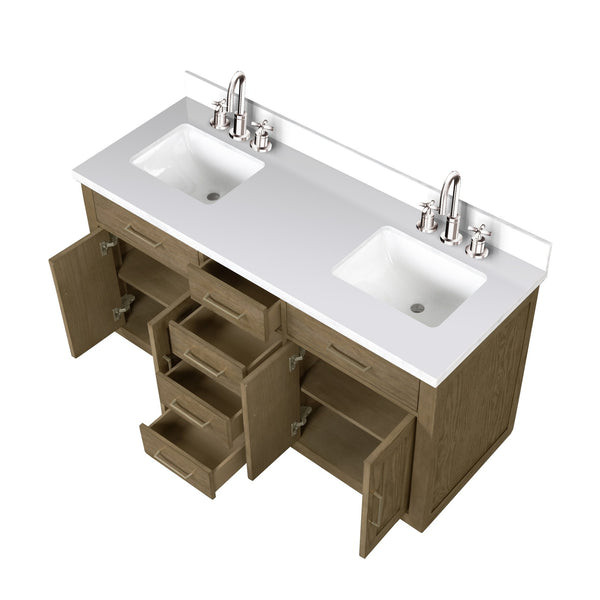 English Elm Grey Oak Double Bath Vanity 60" W x 22" D with White Quartz Top, Chrome Gooseneck Faucets, Soft-Close B2731P257753