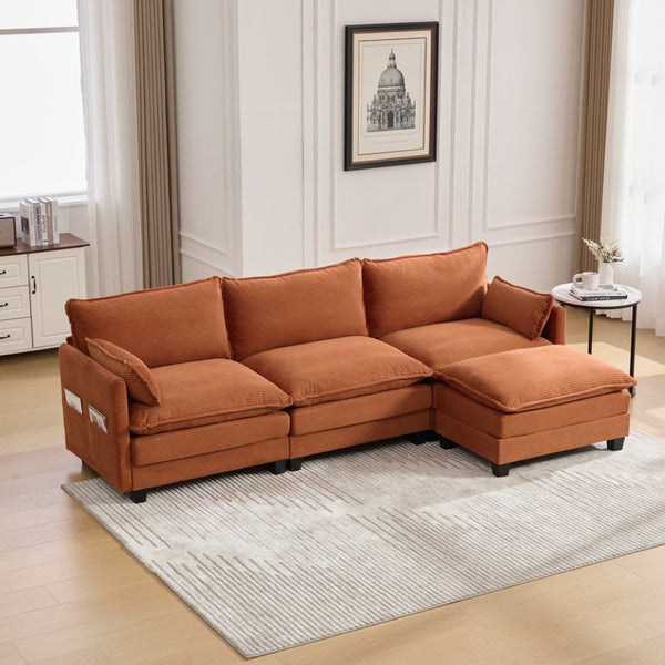 English Elm United We Win Modular Corduroy Sectional with Ottoman Low Profile Living Room Couch Orange W1568S00258