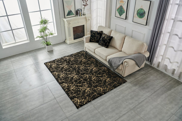 English Elm Luxury Black Abstract Gold-Gilded Chinchilla Faux Fur Area Rug - Soft, Machine Washable Elegance! B030P233678