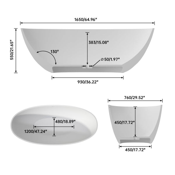 English Elm 65" Stone Resin Deep Soak Freestanding Tub Matte Finish Spa Bathroom Retreat T3785P353955