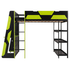 English Elm Full Size Gaming Loft Bed with Led Lighting Desk Shelves and Usb Charging Ports N820S00076F