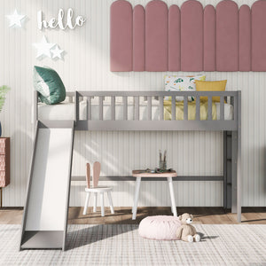 English Elm Twin Low Loft Bed with Slide and Ladder — Space-Saving Pine & MDF Frame, Quiet Durable Design Gray WF286078AAE