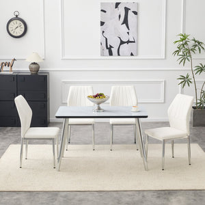 English Elm Table and Chair Set Marble Glass Top Silver Legs White Pu Seating for Modern Dining W1151S04646