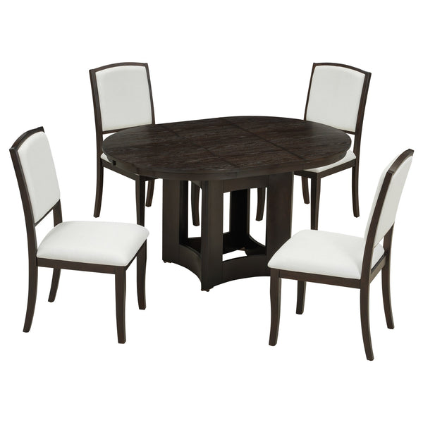 English Elm TOPMAX Solid Wood Extendable Round Dining Set for Small Spaces with 16" Removable Leaf and Cushioned Chairs Beige,Espresso SP000091AAP