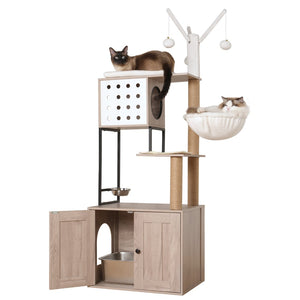 English Elm Cat Condo Tower with Hidden Litter Enclosure Sisal Posts and Feeding Station W1687P304380