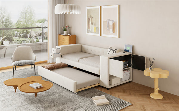 English Elm Twin Upholstered Bed with Trundle and Storage Drawers, USB Ports, French Velvet Luxurious Feel Beige SF000184AAA