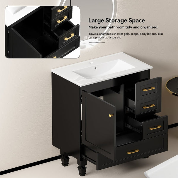English Elm 30"black Matte Finish Bathroom Vanity with Soft Close Cabinet and Three Storage Drawers Black W3133S00018