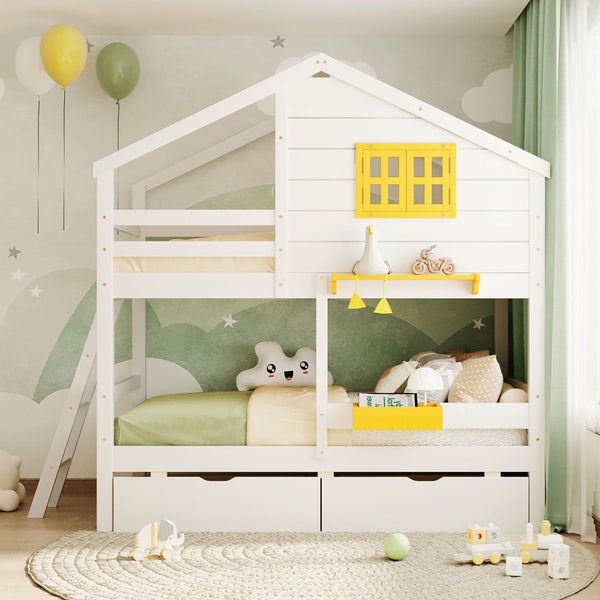 English Elm Twin Playhouse Bunk Bed Pinewood Frame with Pitched Roof Window Shelf and Storage Drawers White LT001608AAK-1